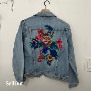Sunset + Spring Women's XS Blue Denim Jacket Floral Embroidery Casual
